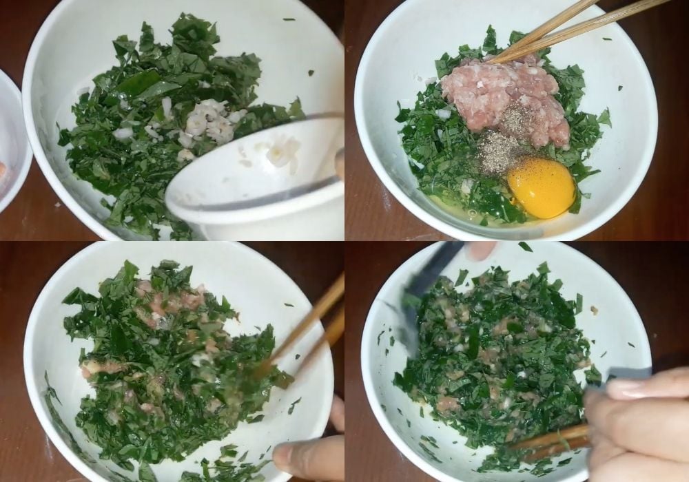 Trộn hỗn hợp trứng, lá lốt và thịt băm
