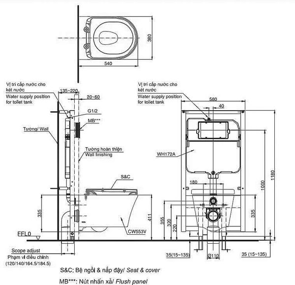 Bản vẽ bồn cầu toto CW553 Bùi Minh