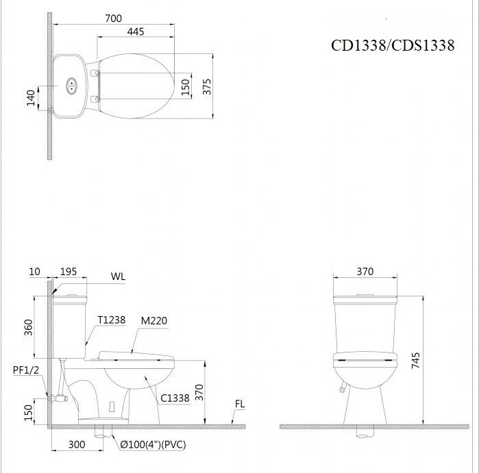 Bản vẽ Bàn cầu 2 khối CD1338 - Bùi Minh