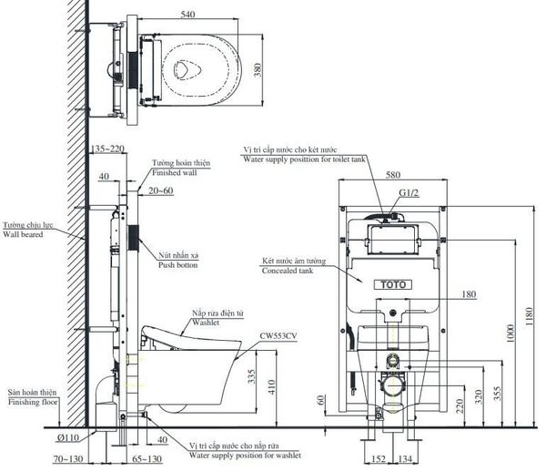 Bàn cầu treo tường TOTO CW553C#XW/TCF34570GAA#NW1/WH172AAT/TCA502/MB171M#SS - Bùi Minh
