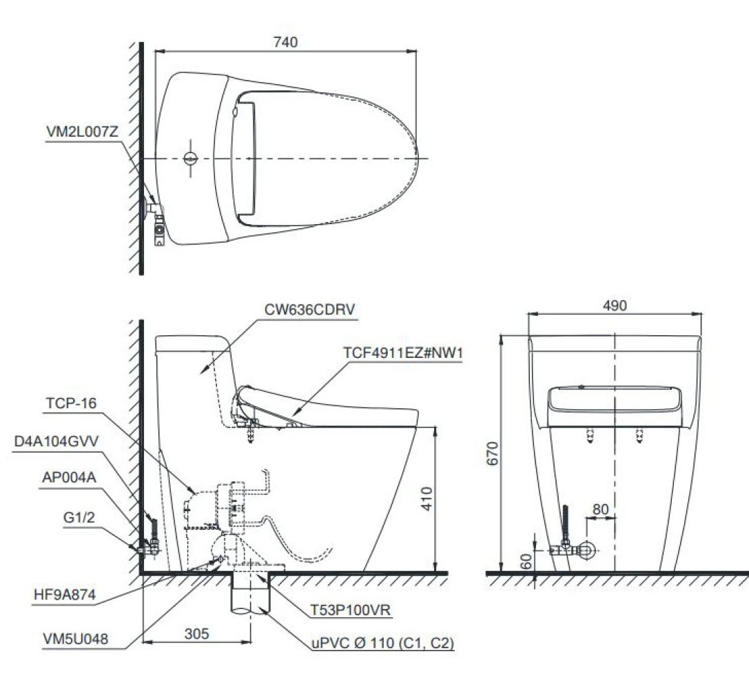 bản vẽ kỹ thuật bàn cầu Toto MS636CDRW23#XW - Bùi Minh
