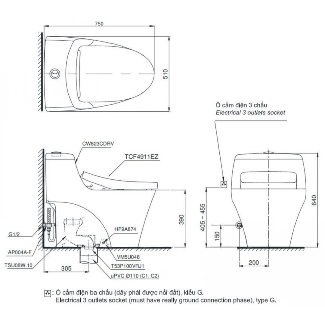 Bản vẽ Bàn cầu điện tử TOTO MS823CDRW23#XW - Bùi Minh