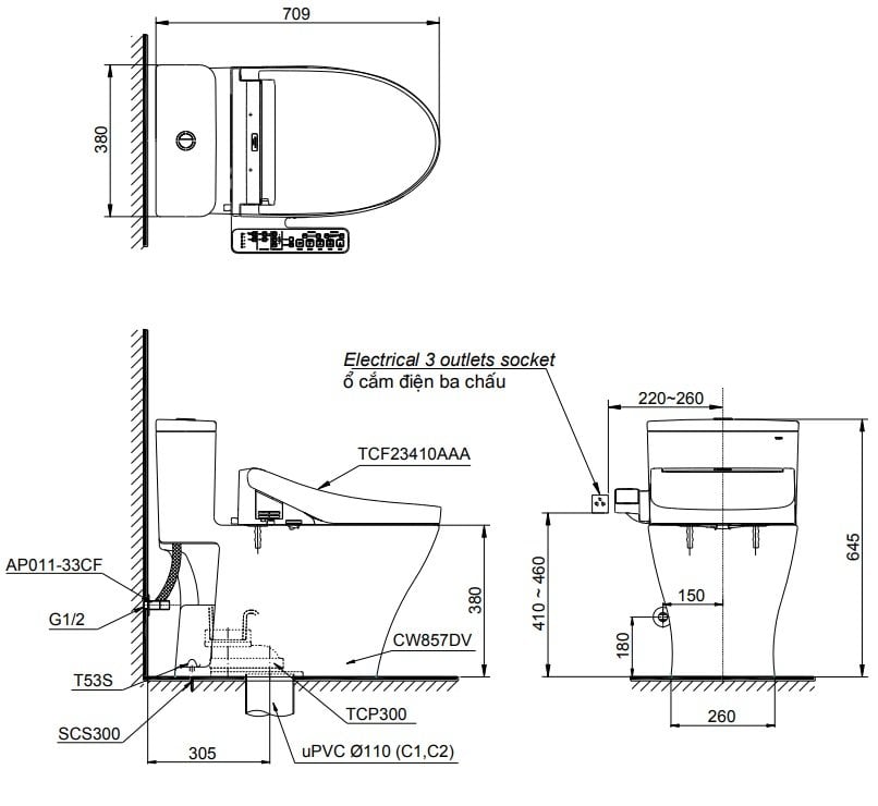 Bản vẽ Bàn cầu một khối TOTO MS857DW16#XW kèm nắp rửa cơ - Bùi Minh