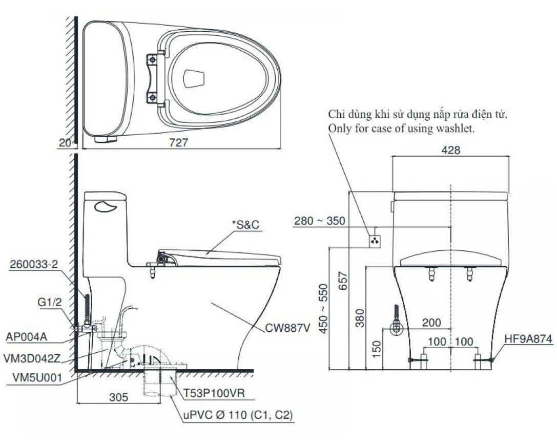 Bản vẽ Bàn cầu điện tử TOTO MS887CRW23#XW