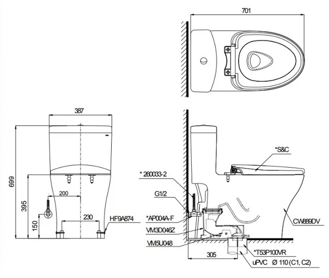 Bản vẽ Bàn cầu điện tử TOTO MS889CDRW23#XW - Bùi Minh