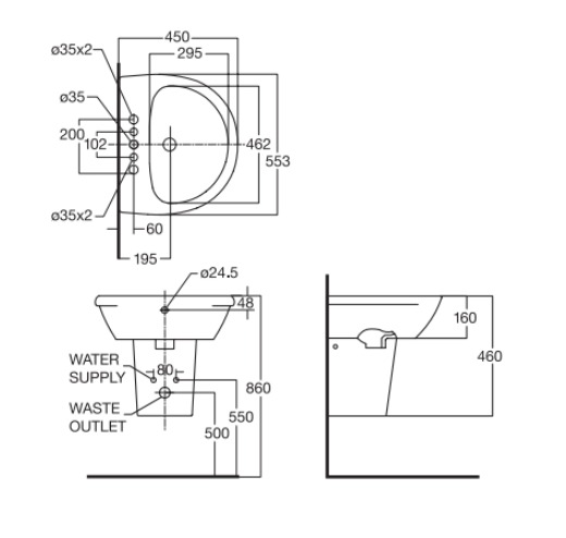 Bản vẽ Chân chậu lavabo lửng American Standard 0712-WT
