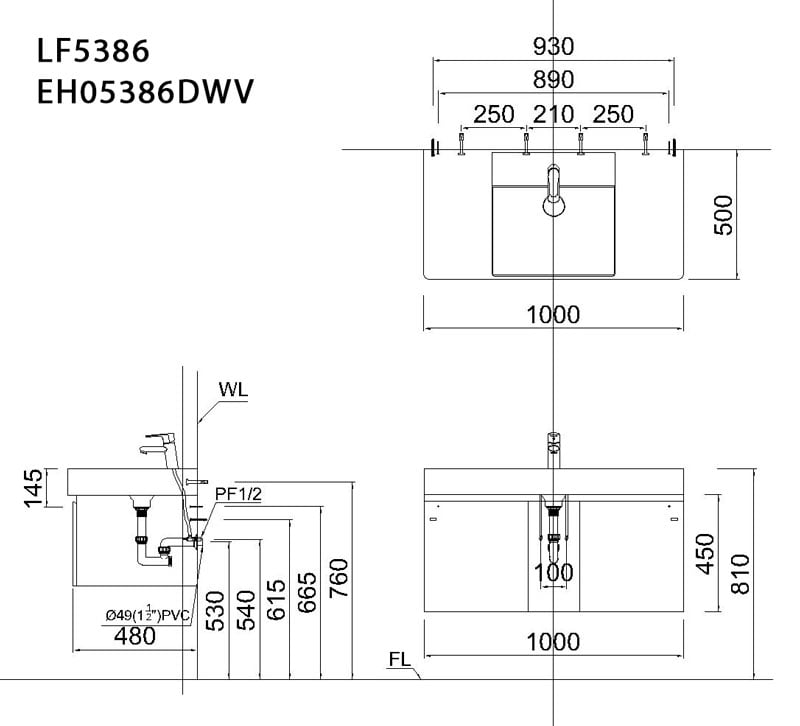 Bản vẽ kỹ thuật bộ tủ chậu lavabo Caesar LF5386 + EH05386DWV