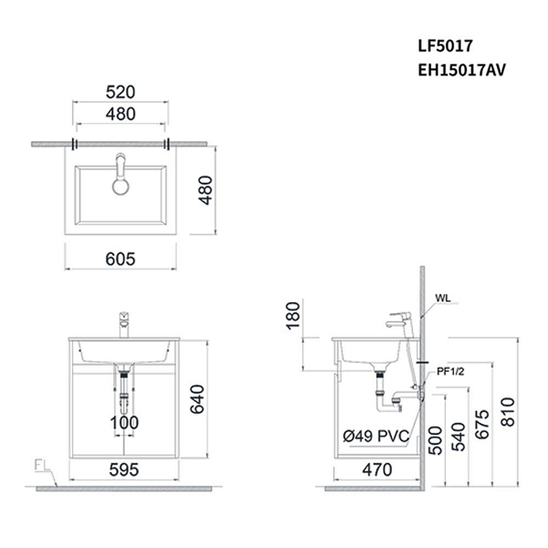 Bản vẽ kỹ thuật bộ tủ chậu Caesar LF5017+EH15017AV