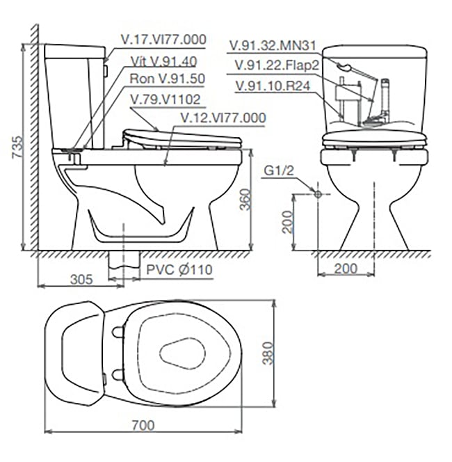 Bản vẽ bàn cầu 2 khối Viglacera VI77 - Bùi Minh