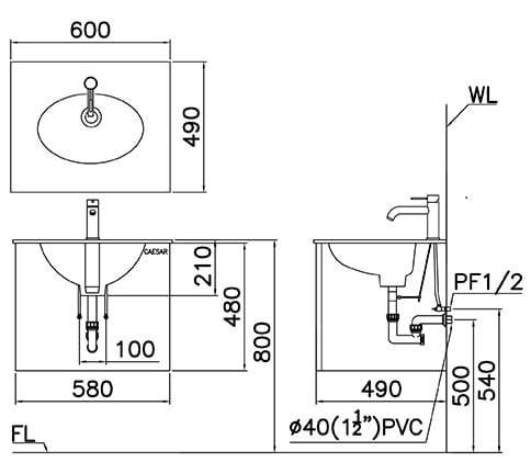 Bản vẽ Bộ tủ lavabo Caesar LF5024+EH15024AW7V