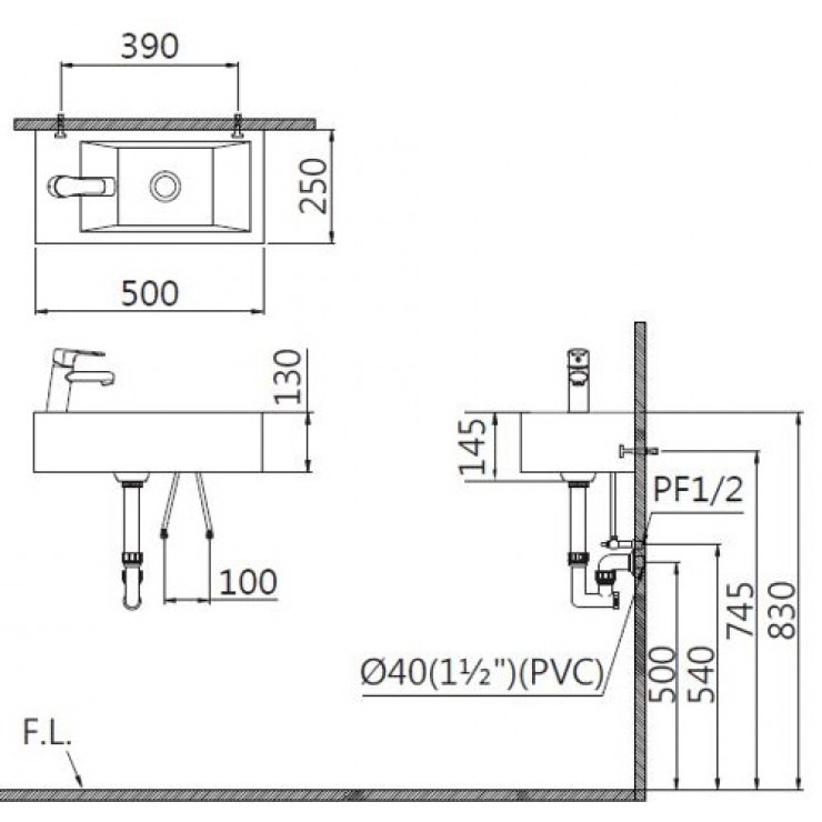 Bản vẽ kỹ thuật chậu rửa lavabo vuông treo Caear LF5239L
