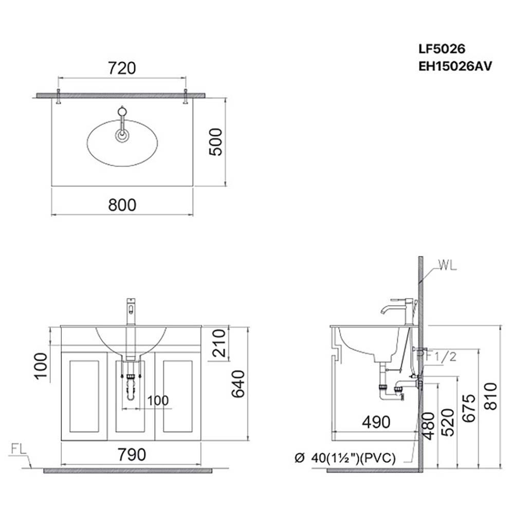 Bản vẽ kỹ thuật bộ tủ chậu lavabo Caesar LF5026+EH15026AW7V