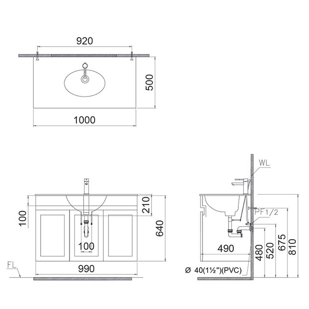 Bản vẽ kỹ thuật Bộ tủ chậu Caesar LF5028 + EH15028AW7V