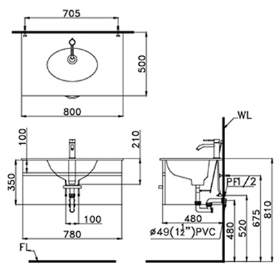 Bản vẽ kỹ thuật bộ tủ chậu lavabo caesar LF5032+EH15032AV
