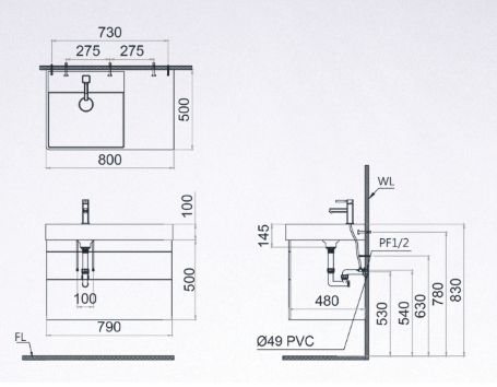 Bản vẽ kỹ thuật bộ tủ chậu lavabo caesar LF5382 + EH05382DWV