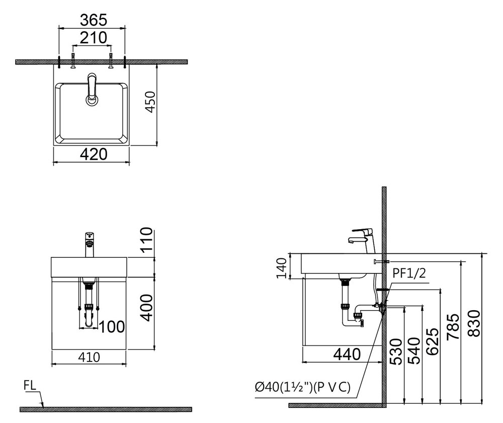 Bản vẽ kỹ thuật bộ tủ chậu lavabo Caesar LF5261+EH48001AWV