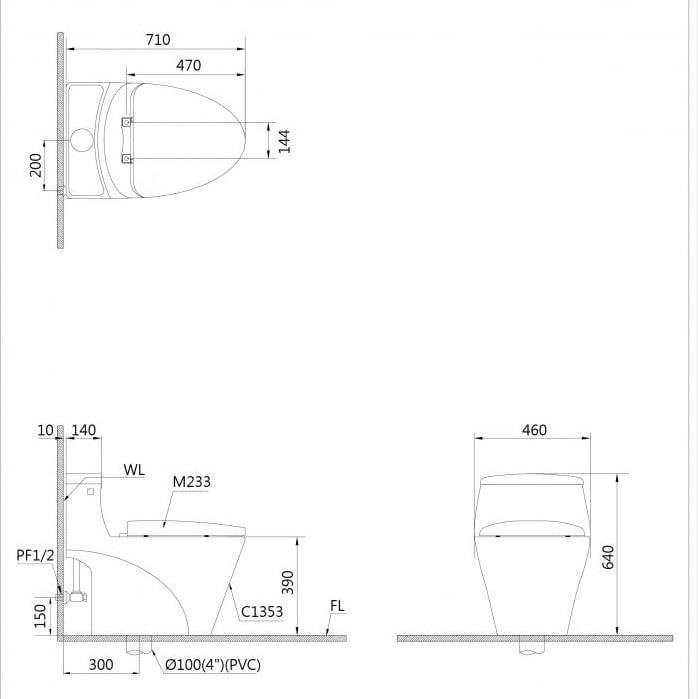Bản vẽ kỹ thuật bàn cầu 1 khối Caesar CD 1353