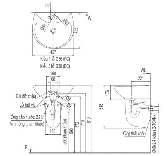 Chậu rửa treo tường L-285V - Bùi Minh