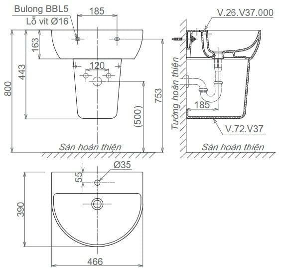 Chậu rửa treo tường Viglacera V37 - Bùi Minh