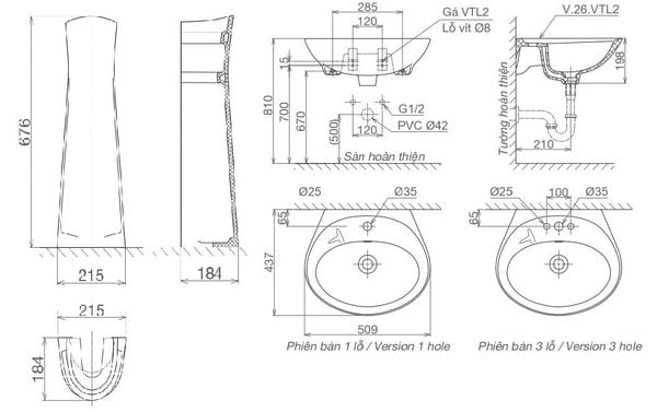 Bản vẽ lavabo Viglacera VTL2/VI1T chân dài - Bùi Minh