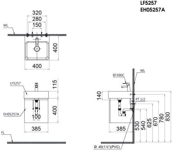 Bộ Tủ Lavabo Caesar Treo Tường LF5257+EH05257AWV Bùi Minh