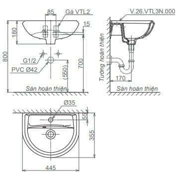 Chậu rửa treo tường Viglacera VTL3N+VI1T - BM
