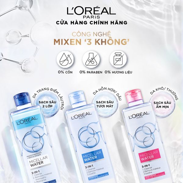 Nước Tẩy Trang L'OREAL Cho Da Dầu, Hỗn Hợp Micellar Water 3-in-1 Refreshing Even For Sensitive Skin 400ml