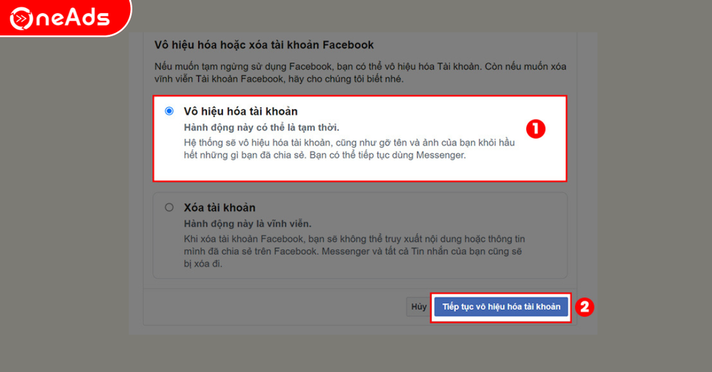 Bước 4: Chọn Vô hiệu hóa tài khoản > Bấm tiếp tục vô hiệu hóa tài khoản.
