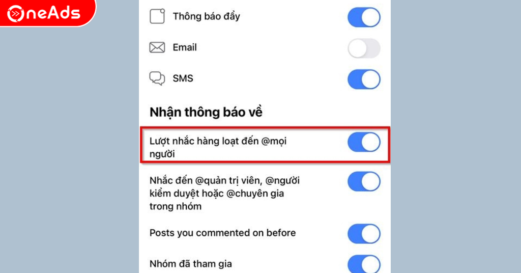 Bước 3: Lúc này ở mục lượt nhắc hàng loạt đến @mọi người, có thể bật hoặc tắt tùy vào nhu cầu của bạn. Ngoài ra, bạn có thể bật hoặc tắt những thông báo khác bằng cách bật tắt tương tự bên cạnh nội dung thông báo đó.