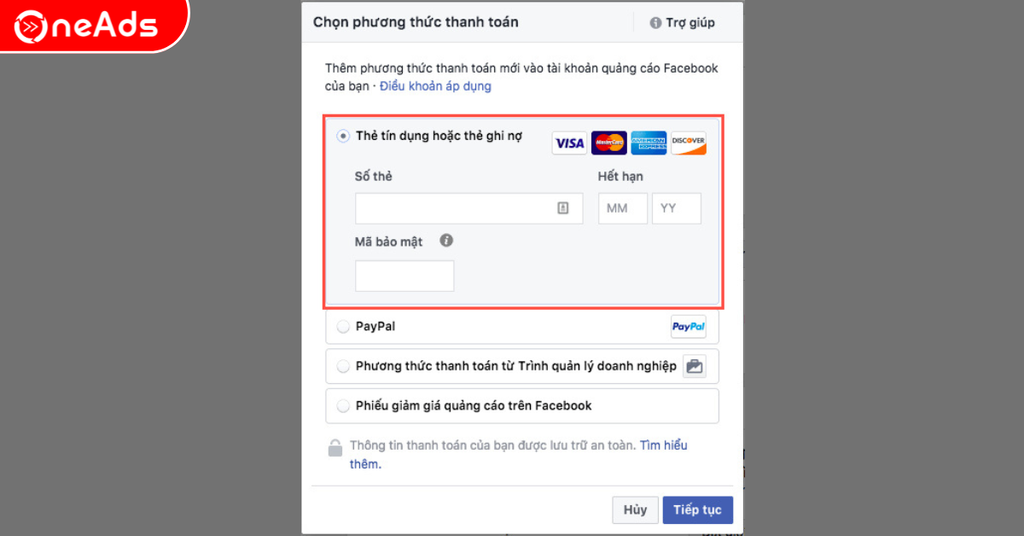 ​​​​​​​Bước 5: Thêm thông tin thẻ Visa vào Facebook.