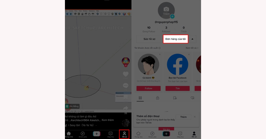 Hướng dẫn chi tiết cách hủy đơn hàng trên Tiktok nhanh chóng, dễ dàng - Bước 2 Truy cập vào mục Hồ sơ và chọn Đơn hàng của tôi