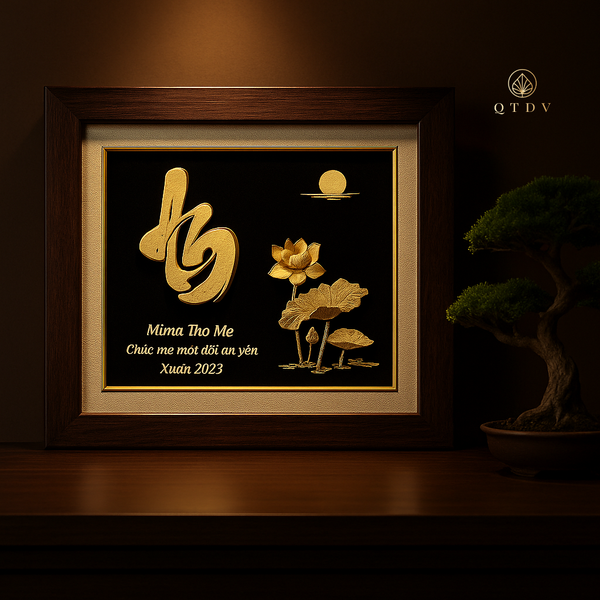 tranh chữ an hoa sen dát vàng