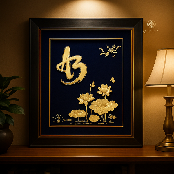tranh chữ an hoa sen dát vàng