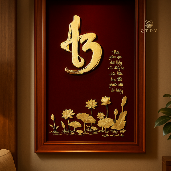 tranh chữ an hoa sen dát vàng