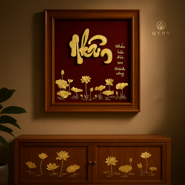 tranh chữ nhân hoa sen dát vàng