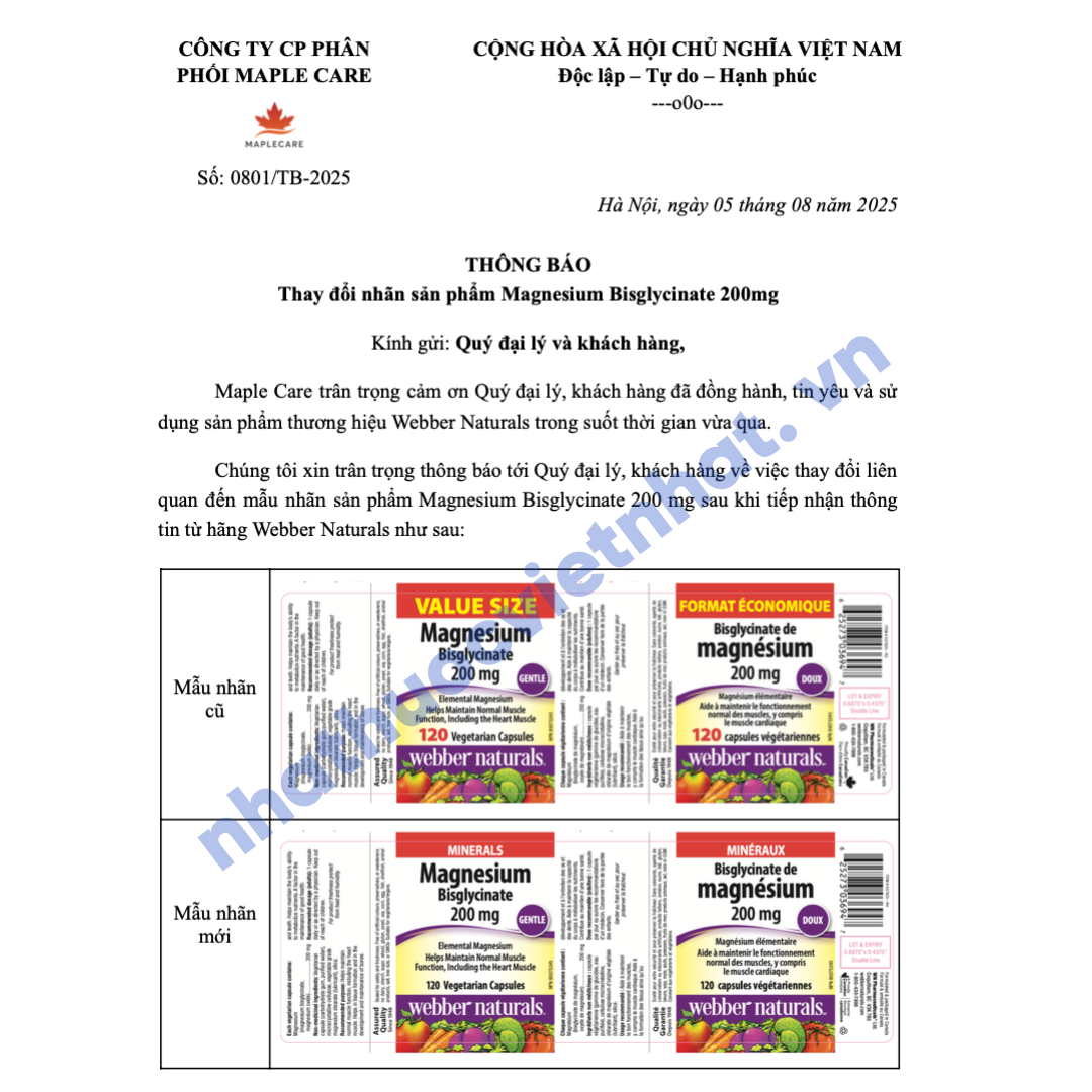 Thông báo thay đổi nhãn Magnesium Bisglycinate 200mg và hướng dẫn xác thực