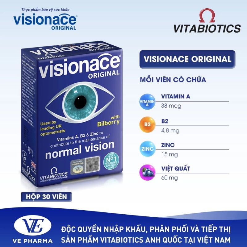 nhathuocvietnhat.vn - Visionace Original bổ sung các dưỡng chất thiết yếu như vitamin A, B2, kẽm, lutein, cùng chiết xuất việt quất, hỗ trợ tăng cường thị lực hiệu quả