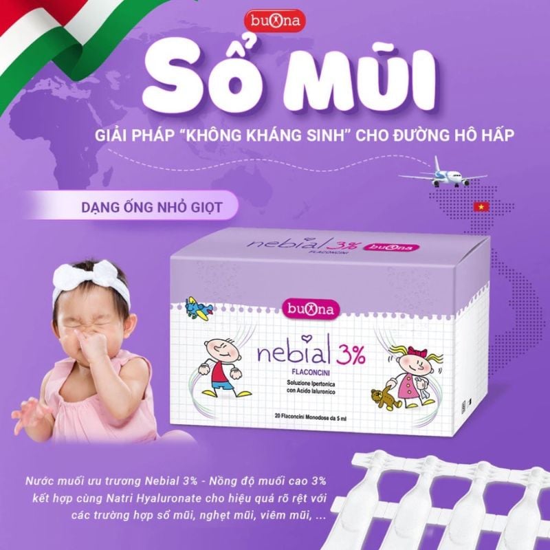 nhathuocvietnhat.vn - Nước muối ưu trương Nebial 3% giúp&nbsp;giảm các triệu chứng khô mũi, nghẹt mũi, sổ mũi do cảm lạnh cho trẻ