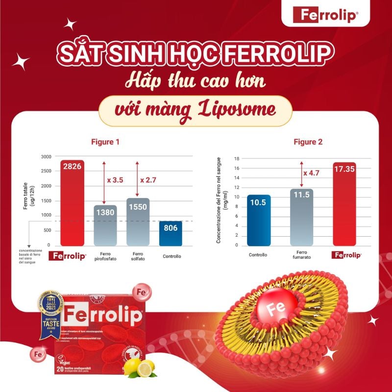 nhathuocvietnhat.vn - Ferrolip với công nghệ liposome giúp tăng khả năng hấp thu sắt lên 4,7 lần so với sắt hữu cơ truyền thống
