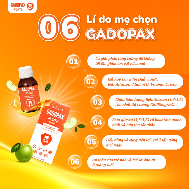 nhathuocvietnhat.vn - Gadopax Forte - Siro tăng đề kháng với 4 vi chất “vàng” Beta-glucan, vitamin D, C và Kẽm giúp con tăng đề kháng vượt trội, giảm tần suất ốm vặt