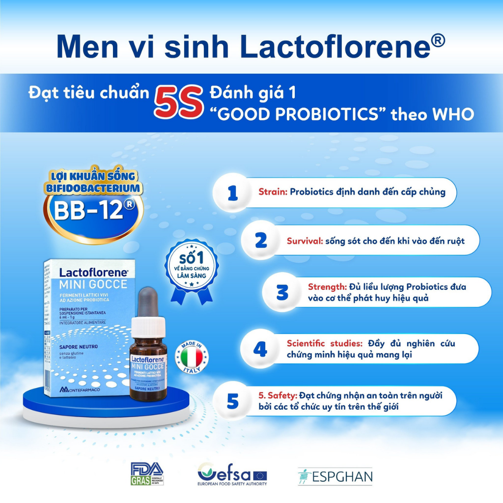 Nhathuocvietnhat.vn-Lactoflorene nổi bật với nhiều ưu điểm vượt trội:    Đạt tiêu chuẩn 5S theo WHO và FAO: Lactoflorene đáp ứng đầy đủ 5 tiêu chuẩn quốc tế về probiotic, bao gồm tính an toàn, hiệu quả sống sót qua dạ dày, tính đặc hiệu, và khả năng tác động lên vi sinh vật đường ruột.