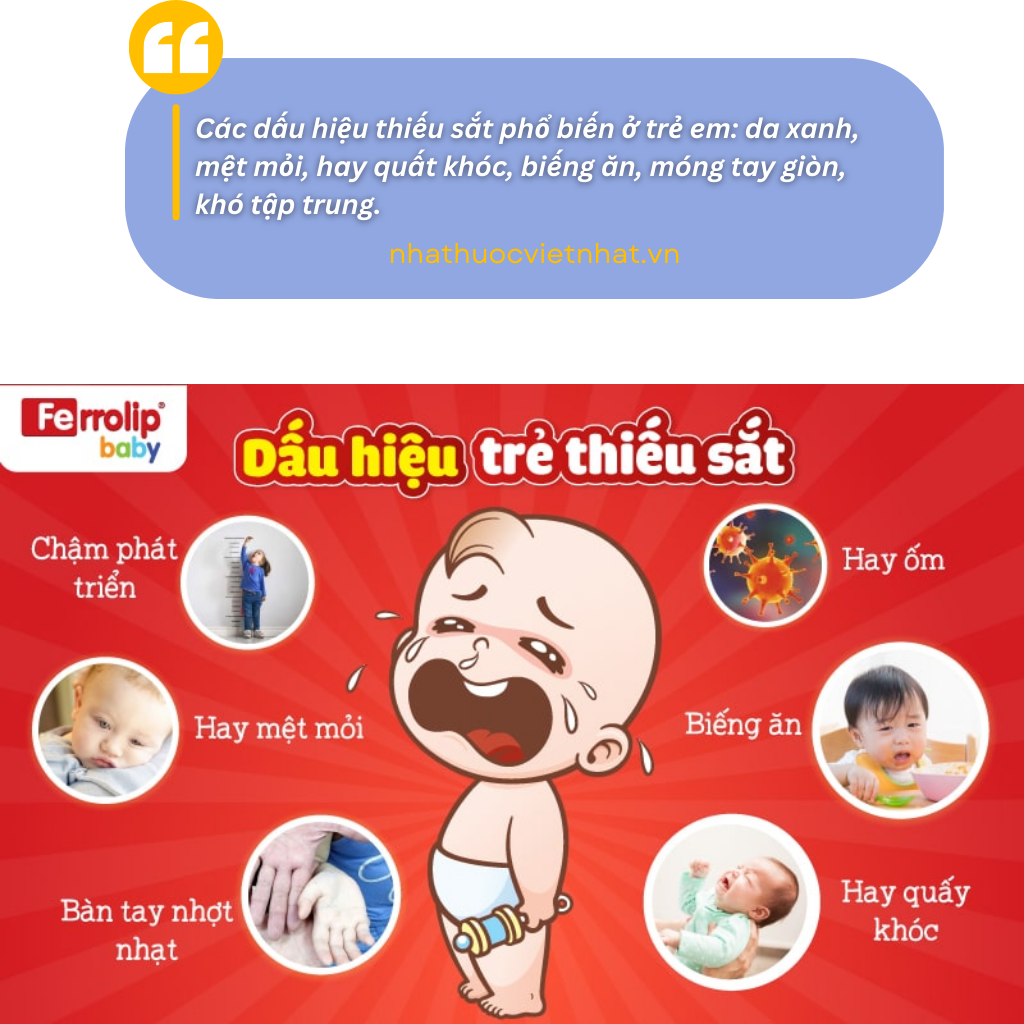 nhathuocvietnhat.vn-Thuốc Bổ Sung Sắt Cho Trẻ Loại Nào Tốt: các dấu hiệu thiếu sắt phổ biến ở trẻ em: da xanh, mệt mỏi, biếng ăn, móng tay giòn, khó tập trung