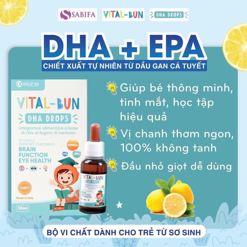 nhathuocvietnhat.vn - Vital-Bun DHA Drops chính hãng Ý - Sản phẩm bổ sung DHA cao cấp 100% không tanh với hương chanh tự nhiên, giúp phát triển não bộ và thị lực cho trẻ từ 0 tháng tuổi.