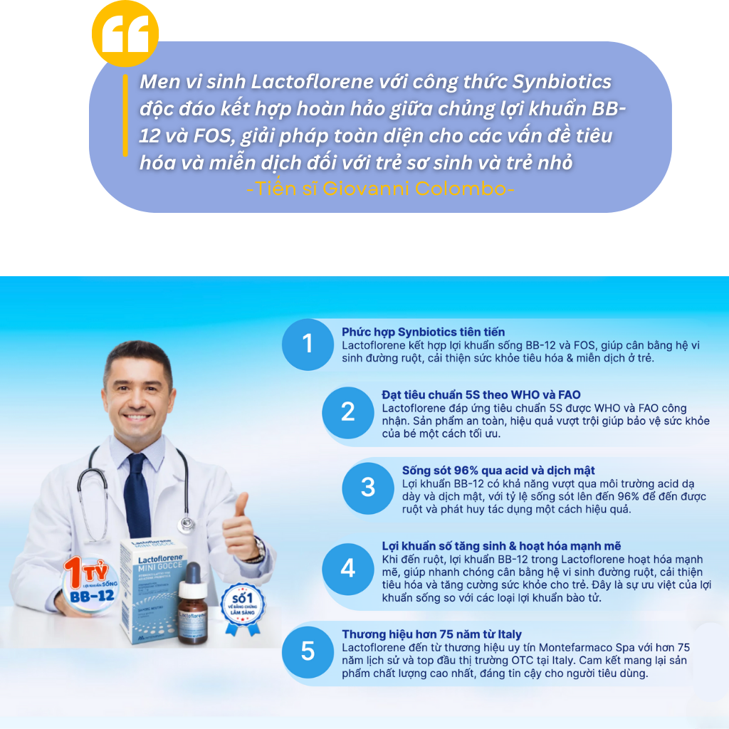 Nhathuocvietnhat.vn-men vi sinh Lactoflorene với công thức Synbiotics độc đáo kết hợp hoàn hảo giữa chủng lợi khuẩn BB-12 và FOS, giải pháp toàn diện cho các vấn đề tiêu hóa và miễn dịch đối với trẻ sơ sinh và trẻ nhỏ