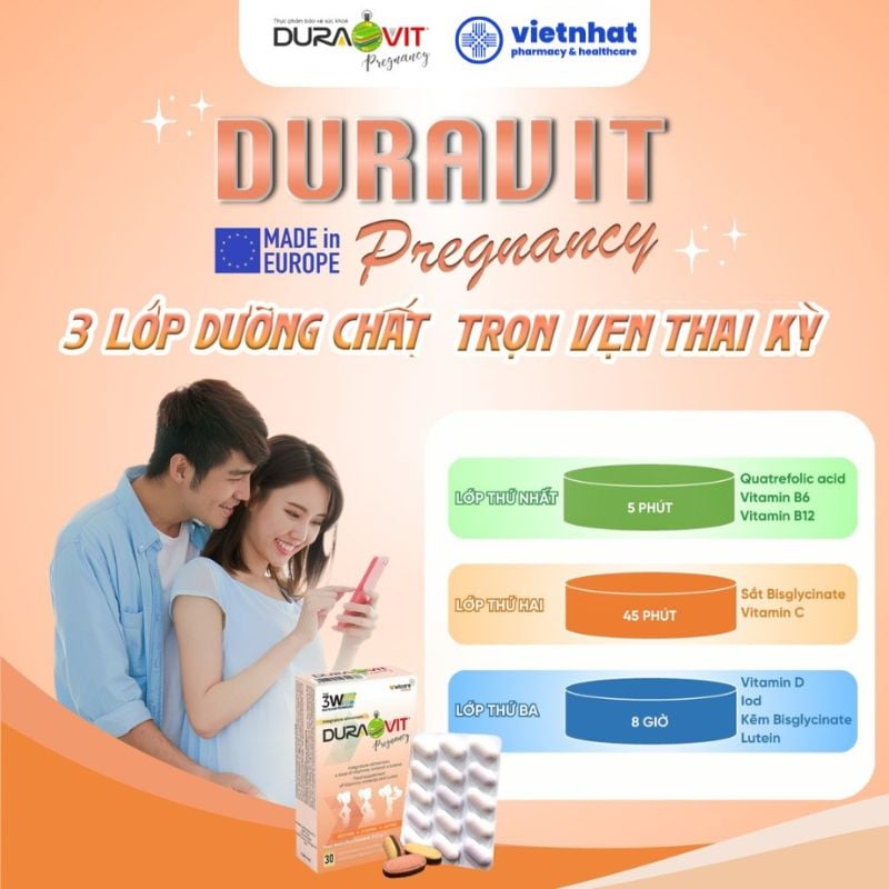 nhathuocvietnhat.vn - Duravit Pregnancy, Vitamin tổng hợp cho phụ nữ mang thaivà cho con bú với công nghệ viên nén 3 lớp độc quyền