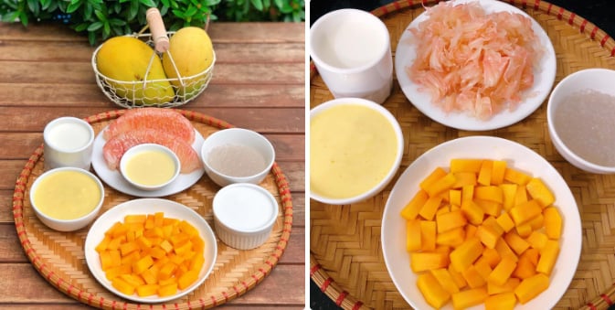 Các nguyên liệu cho món chè xoài bưởi đã được sơ chế