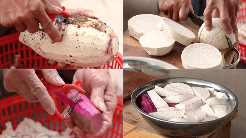 sơ chế khoai lang và khoai môn nấu chè thưng