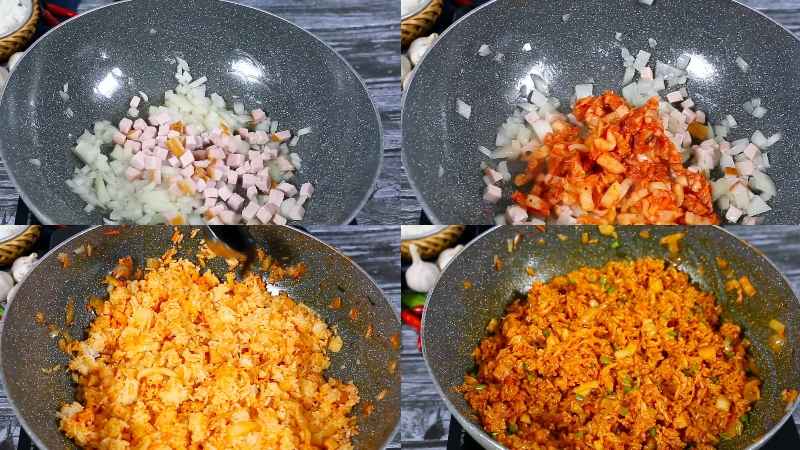 Trộn cơm nóng với kim chi cắt nhỏ