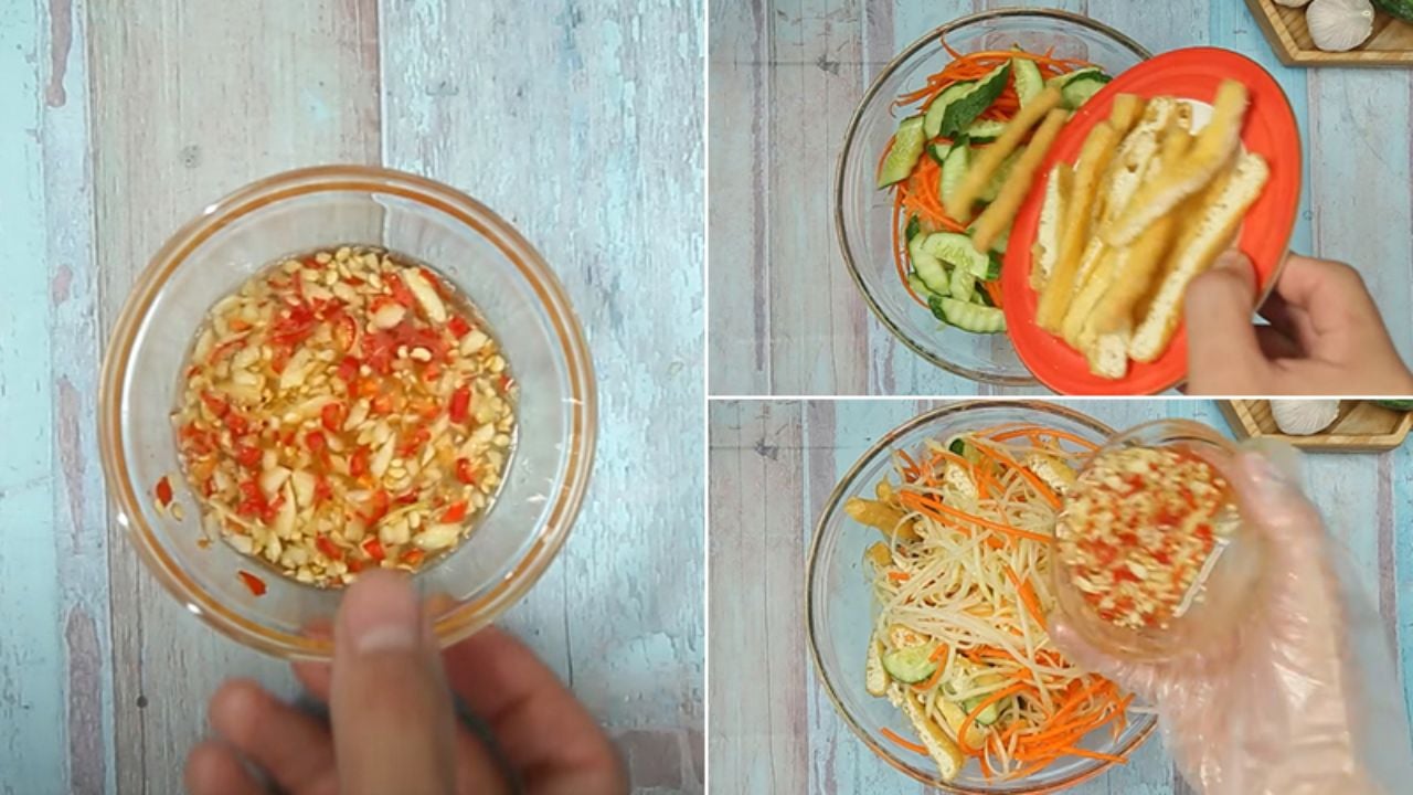 Trộn đều nguyên liệu làm gỏi đu đủ chay