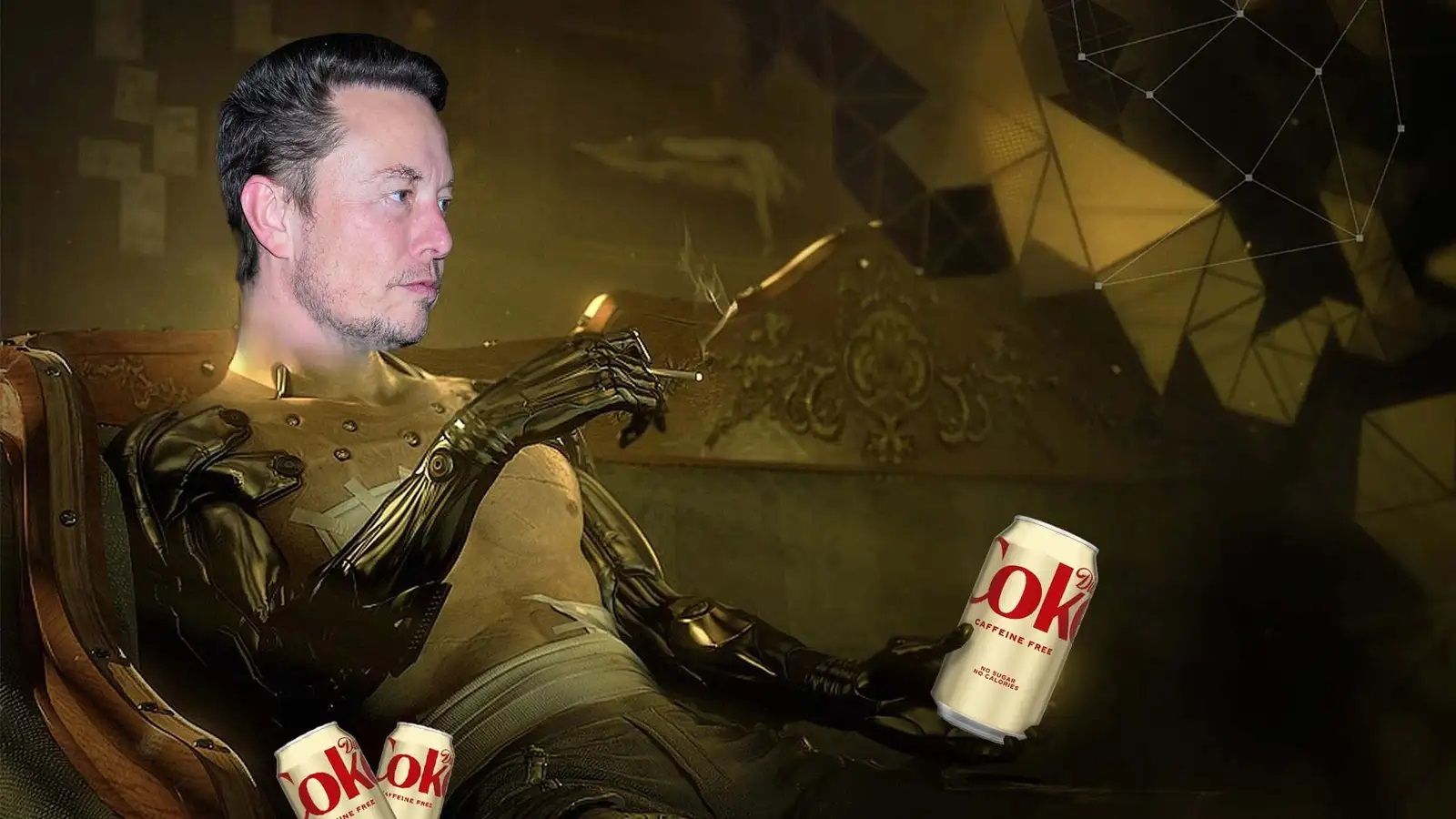Elon Musk chụp hình ngủ cạnh 4 lon Diet Coke và 1 cây súng Diamond Back trong Deus Ex: Human Revolution